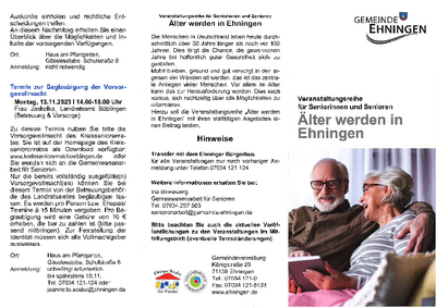 Veranstaltungsreihe für Seniorinnen und Senioren "Älter werden in Ehningen"